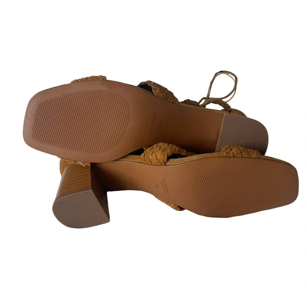 NWT Zara Basic Brown Woven Suede Strap Lace Up Sandals. Size 9 - Picture 10 of 12